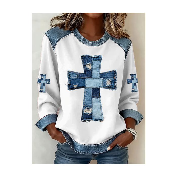 Women Cross Crew Neck Printing Vintage Spring/Fall Long Sleeve Sweatshirt