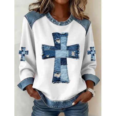 Women Cross Crew Neck Printing Vintage Spring/Fall Long Sleeve Sweatshirt