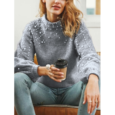 Women Plain Beaded Winter Street Balloon Sleeve Long Sleeve Mock Neck Cotton-Blend Sweater