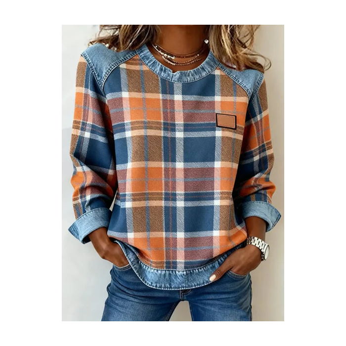 Women's Plaid Print Patchwork Denim Crewneck Long-Sleeved Sweatshirt