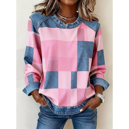 Women's Plaid Print Patchwork Denim Crewneck Long-Sleeved Sweatshirt