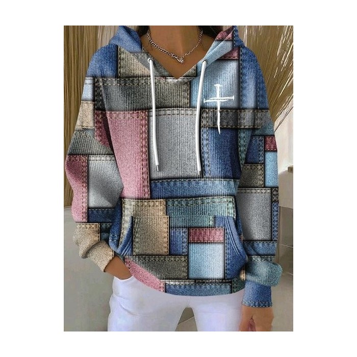 Hoodie Casual Cotton-Blend Plaid Hoodie