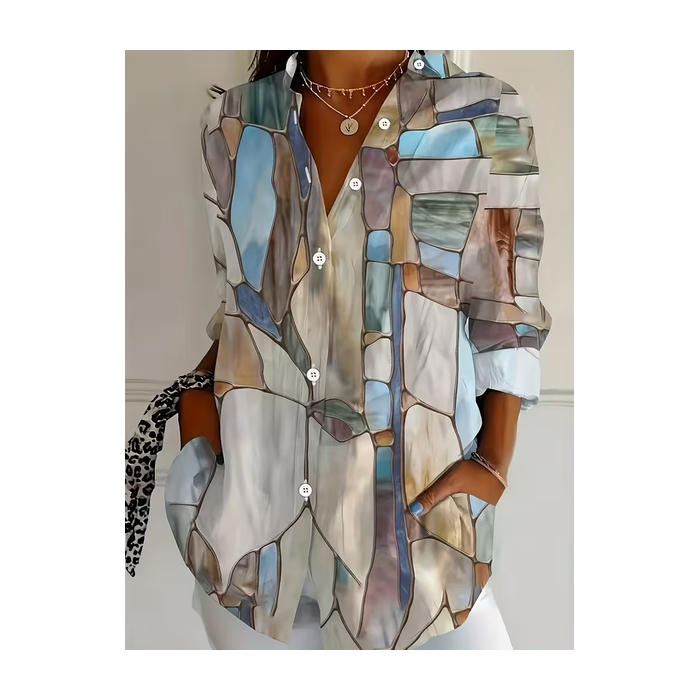 Women Abstract Long Sleeve Shirt Spring/Fall Buckle Shirt Collar Regular Sleeve Daily Casual Top