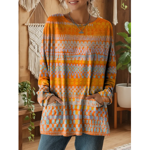 Women Abstract Long Sleeve Tee T-shirt Crew Neck Printing Vintage Spring/Fall Top