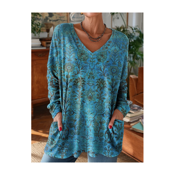 Women's Long Sleeve T-shirt Spring/Fall Blue Floral Printing V Neck Daily Going Out Vintage Top