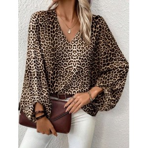 Women Leopard Half Sleeve Shirt Summer Printing V Neck Daily Casual Top