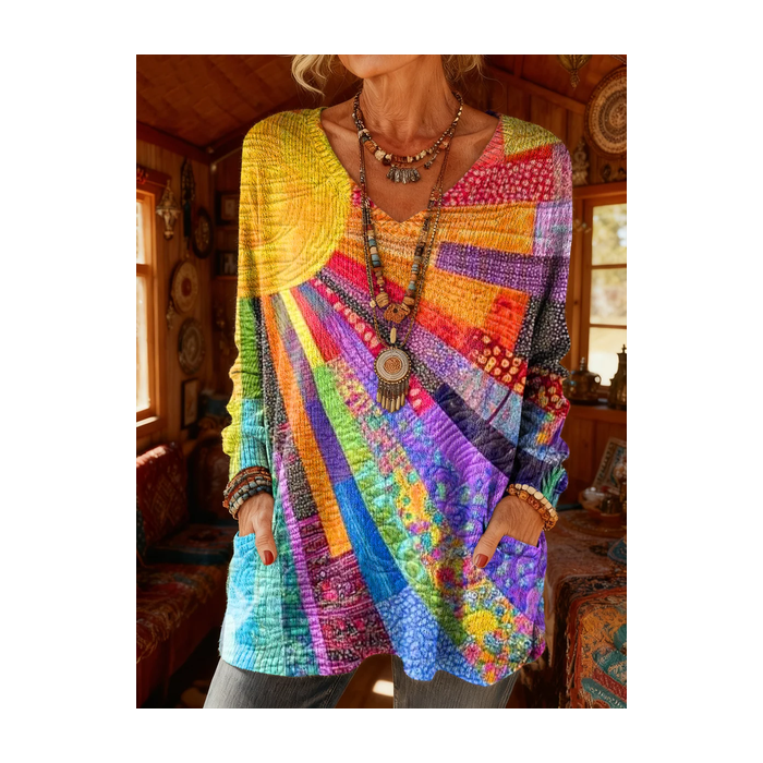 Women's Long Sleeve T-shirt Spring/Fall As Picture Abstract Printing V Neck Daily Going Out Vintage Top