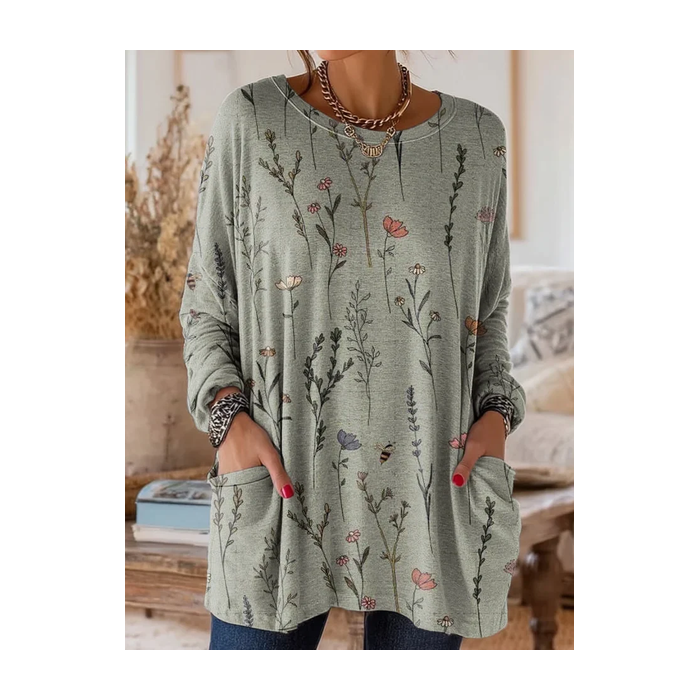 Women Floral Long Sleeve Tee T-shirt Crew Neck Printing Vintage Spring/Fall Top