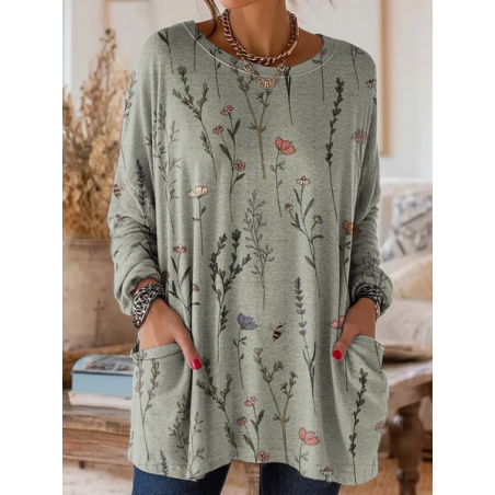 Women Floral Long Sleeve Tee T-shirt Crew Neck Printing Vintage Spring/Fall Top
