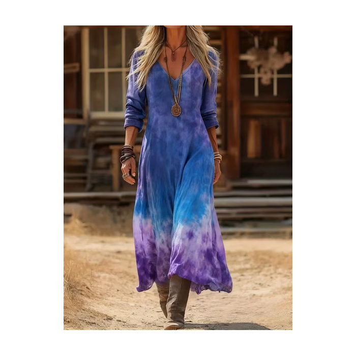 Women Ombre Long Sleeve Spring/Fall Printing Dress V Neck Daily Vintage Maxi H-Line Dress