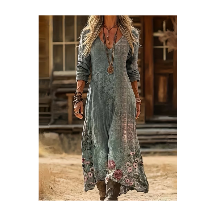 Women Floral Long Sleeve Spring/Fall Printing Dress V Neck Daily Vintage Maxi H-Line Dress