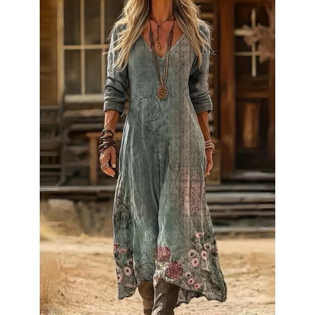 Women Floral Long Sleeve Spring/Fall Printing Dress V Neck Daily Vintage Maxi H-Line Dress