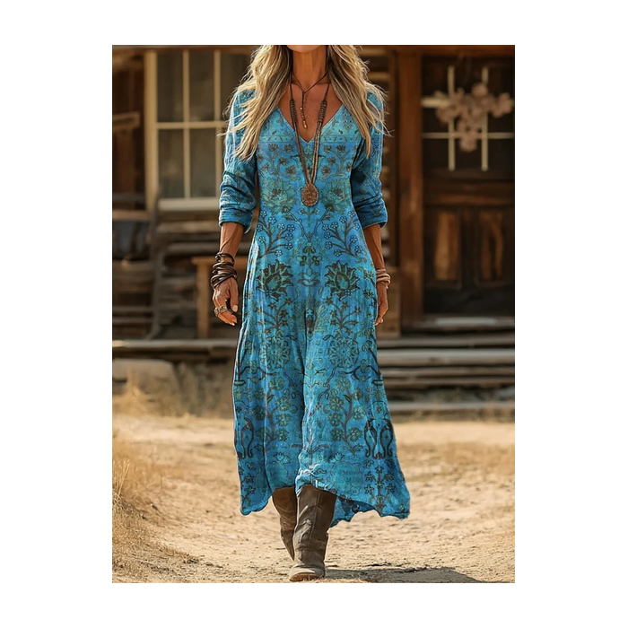Women Floral Long Sleeve Spring/Fall Printing Dress V Neck Daily Vintage Maxi H-Line Dress