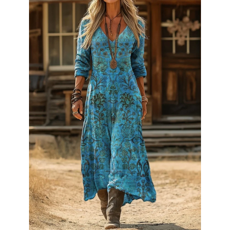 Women Floral Long Sleeve Spring/Fall Printing Dress V Neck Daily Vintage Maxi H-Line Dress