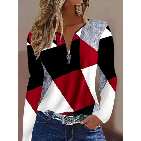 Women Abstract Long Sleeve Tee T-shirt V Neck Printing Vintage Spring/Fall Top