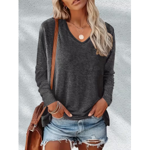 Women Plain Long Sleeve Tee T-shirt V Neck Printing Casual Spring/Fall Graphic Tee Top