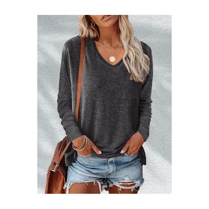 Women Plain Long Sleeve Tee T-shirt V Neck Printing Casual Spring/Fall Graphic Tee Top