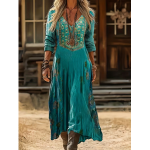 Women Ethnic Long Sleeve Spring/Fall Printing Dress V Neck Daily Vintage Maxi H-Line Dress