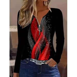 Women Abstract Long Sleeve Tee T-shirt V Neck Printing Vintage Spring/Fall Top