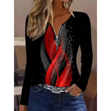 Women Abstract Long Sleeve Tee T-shirt V Neck Printing Vintage Spring/Fall Top