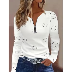 Women Heart/Cordate Long Sleeve Tee T-shirt V Neck Printing Vintage Spring/Fall Top