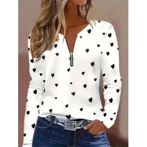 Women Heart/Cordate Long Sleeve Tee T-shirt V Neck Printing Vintage Spring/Fall Top