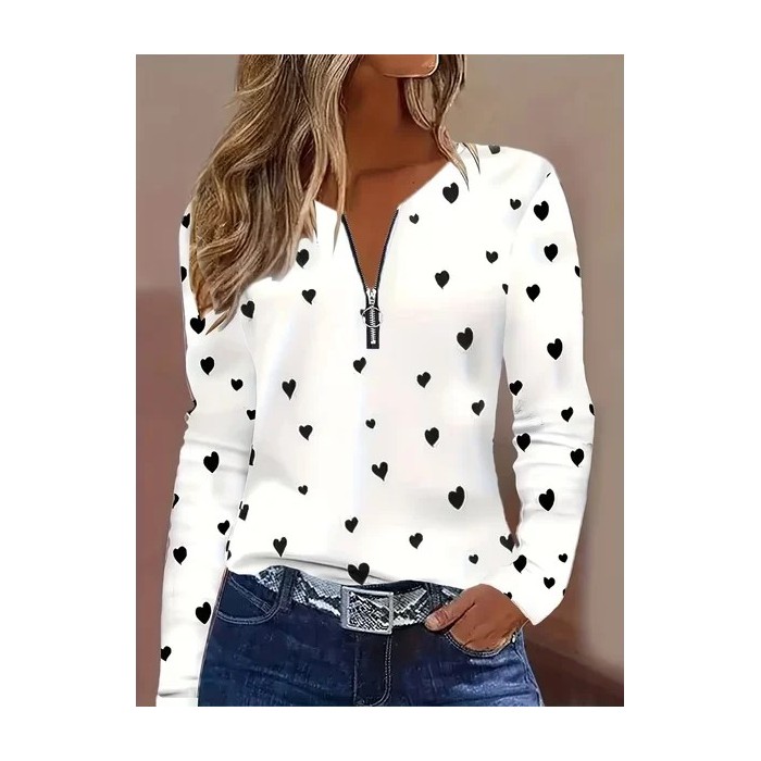 Women Heart/Cordate Long Sleeve Tee T-shirt V Neck Printing Vintage Spring/Fall Top