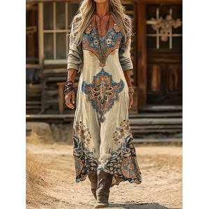 Women Abstract Long Sleeve Spring/Fall Printing Dress V Neck Daily Vintage Maxi H-Line Dress
