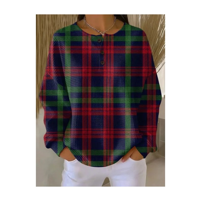 Women Plaid Crew Neck Printing Casual Spring/Fall Long Sleeve Sweatshirt