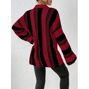 Women Striped Split Joint Winter Casual Long Sleeve Crew Neck Sweater