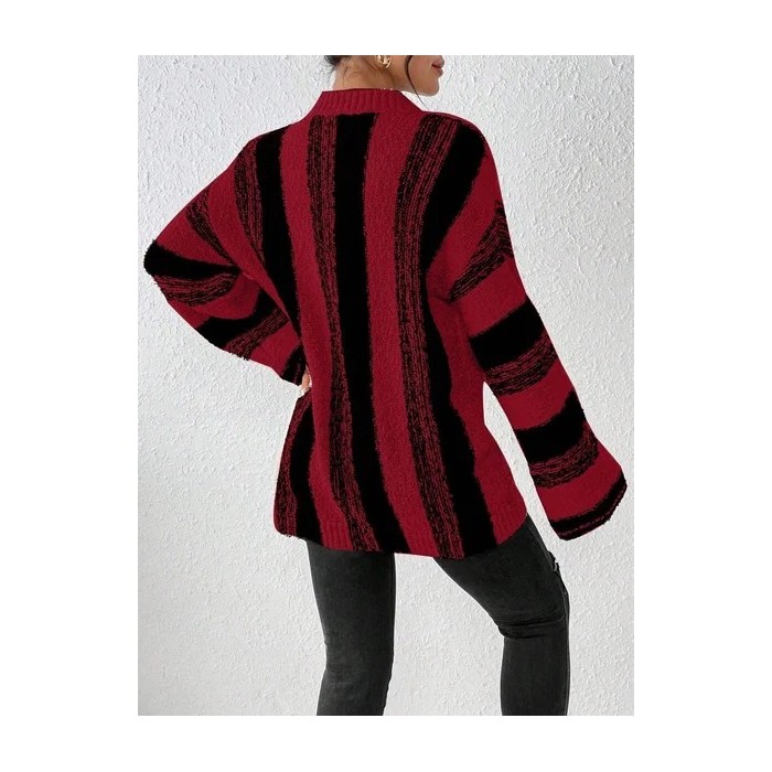 Women Striped Split Joint Winter Casual Long Sleeve Crew Neck Sweater