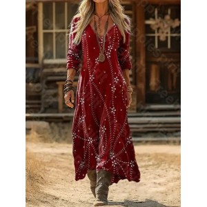 Women Abstract Long Sleeve Spring/Fall Printing Dress V Neck Daily Vintage Maxi H-Line Dress