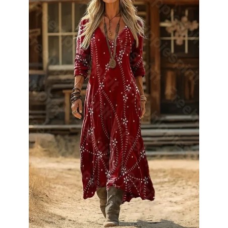 Women Abstract Long Sleeve Spring/Fall Printing Dress V Neck Daily Vintage Maxi H-Line Dress