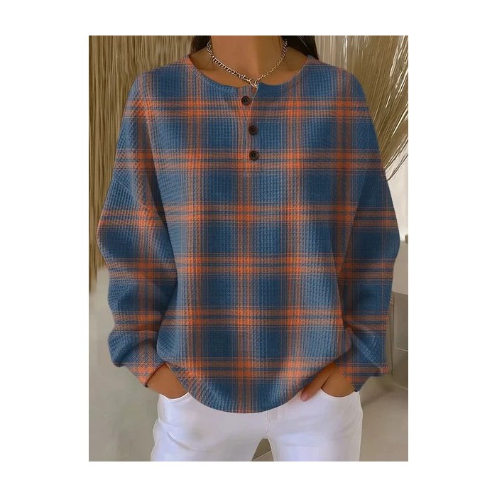 Women Plaid Crew Neck Printing Casual Spring/Fall Long Sleeve Sweatshirt