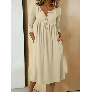 Women Plain Half Sleeve Summer Dress Half Open Collar Holiday Vintage Maxi A-Line Dress