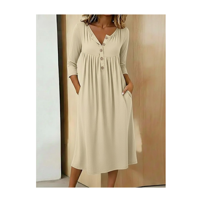Women Plain Half Sleeve Summer Dress Half Open Collar Holiday Vintage Maxi A-Line Dress