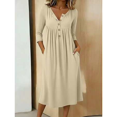 Women Plain Half Sleeve Summer Dress Half Open Collar Holiday Vintage Maxi A-Line Dress