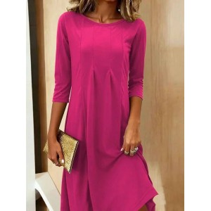 Women Plain Three Quarter Sleeve Spring/Fall Split Joint Dress Crew Neck Daily Casual Midi Tunic A-Line Dress