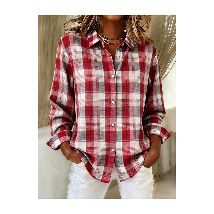 Women Plaid Long Sleeve Shirt Spring/Fall Buckle Shirt Collar Regular Sleeve Daily Casual Top