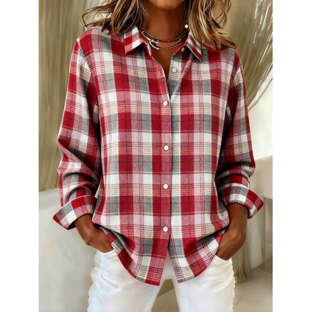 Women Plaid Long Sleeve Shirt Spring/Fall Buckle Shirt Collar Regular Sleeve Daily Casual Top