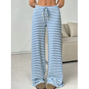 Women Striped Long Elastic Waist Pants Casual Spring/Fall Trousers