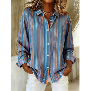 Women Striped Long Sleeve Shirt Spring/Fall Buckle Shirt Collar Regular Sleeve Daily Casual Top