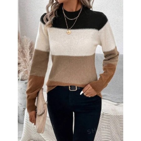 Women Striped Split Joint Winter Street Long Sleeve Crew Neck Sweater