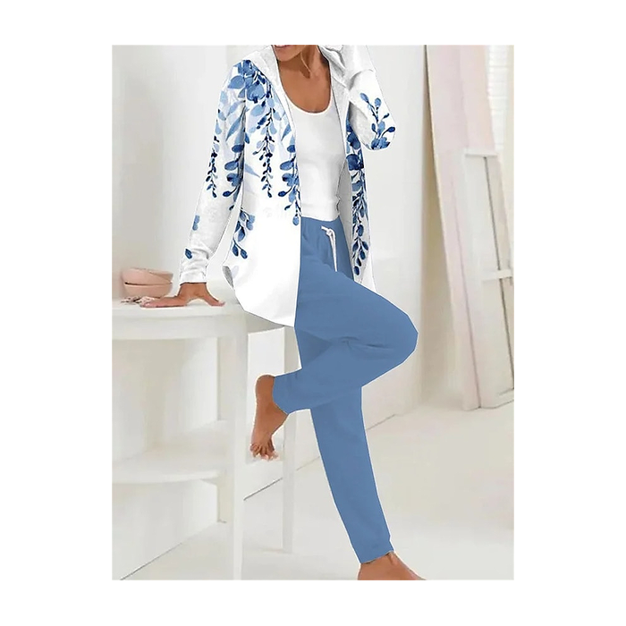 Women Floral Printing Two-Piece Set Daily Long Sleeve Casual Spring/Fall Coat With Pants Matching Set