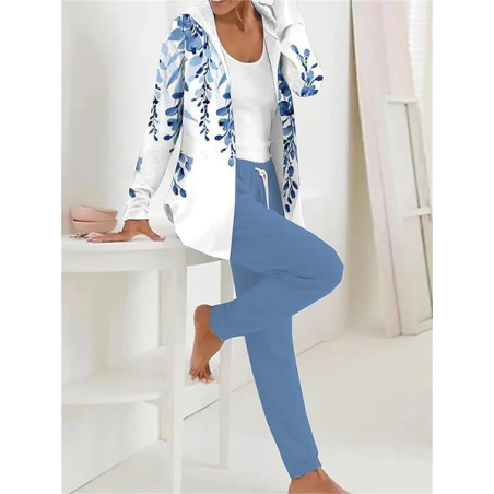 Women Floral Printing Two-Piece Set Daily Long Sleeve Casual Spring/Fall Coat With Pants Matching Set