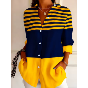 Women Abstract Long Sleeve Shirt Spring/Fall Buckle Shirt Collar Regular Sleeve Daily Casual Top