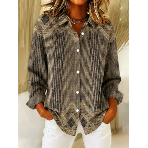 Women Abstract Long Sleeve Shirt Spring/Fall Buckle Shirt Collar Regular Sleeve Daily Casual Top