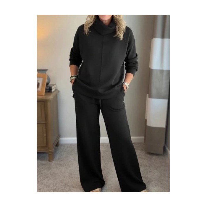 Women Plain Split Joint Two-Piece Set Daily Long Sleeve Casual Spring/Fall Top With Pants Matching Set