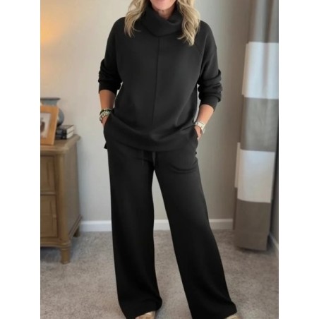 Women Plain Split Joint Two-Piece Set Daily Long Sleeve Casual Spring/Fall Top With Pants Matching Set