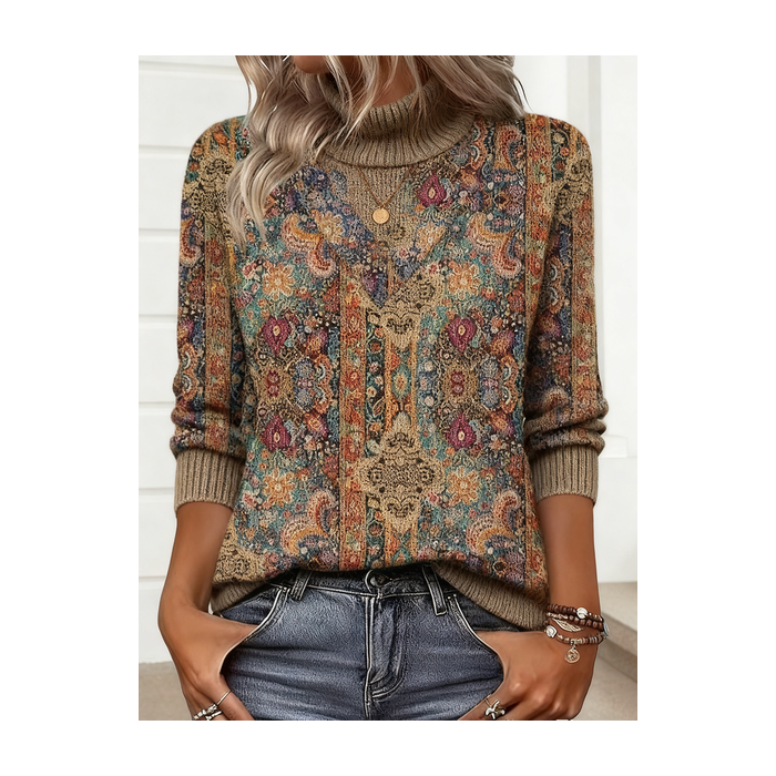 Women Geometric Winter Vintage Long Sleeve Turtleneck Sweater